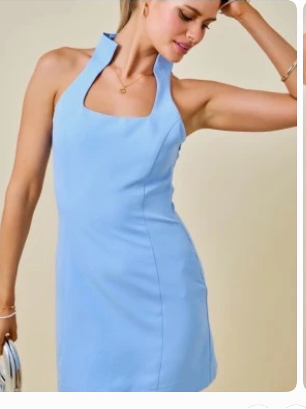 Square Neck Halter Mini Dress in Light Blue - Women